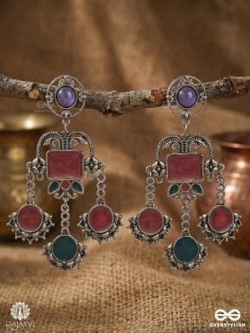 NEEL BAITHAK – OXIDISED STATEMENT EARRINGS WITH ENAMEL PANELS AND DANGLING CHARMS