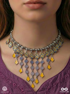 SUNHERI SWAY – ENAMELLED OXIDISED NECKLACE WITH TIERED GEM LINKS AND DROPS