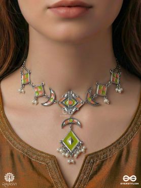 CHAAND TILAK – ENAMELLED OXIDISED NECKLACE WITH CRESCENT MOTIFS AND GEM PENDANT