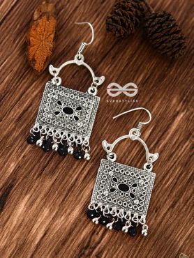 The Embellished Trunk - Oxidised Boho Earrings (Silver-Black)