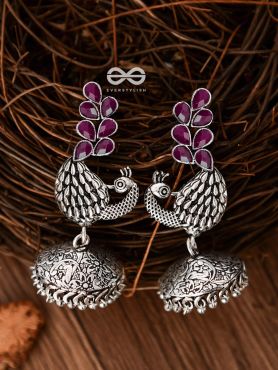 The Dancing Peacocks Engraved Jhumkis (Ruby Red) - Embellished Oxidised Collection