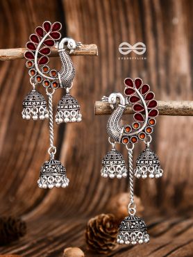 The Enamelled Peacocks Triple Jhumki Statement Earrings - Maroon-Brown