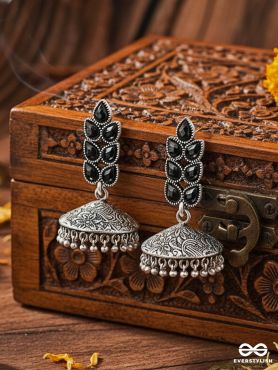 The Olive Branch Intricate Jhumkis - Onyx Black - The Embellished Oxidised Collection
