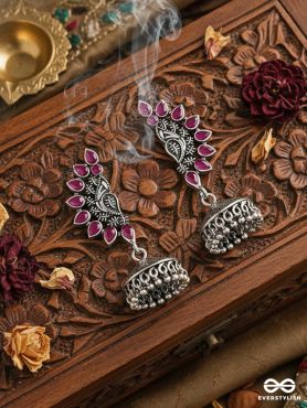 The Bohemian Elegance Floral Jhumkis (Ruby Red) - Oxidised Embellished Collection