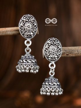 Little Floral Artwork - Oxidised Jhumki Earrings
