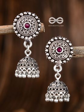 The Little Aztec Jhumkis (Ruby Red) - Embellished Oxidised Collection