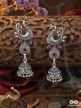The Dangling Peacock Jhumkis (Ruby Red) - The Embellished Oxidised Collection