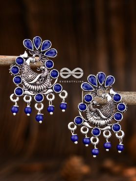 The Dangling Peacock Studs (Sapphire Blue) - Embellished Oxidised Collection