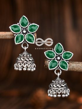 The Glimmering Floral Little Jhumkis (Emerald Green) - The Embellished Oxidised Collection