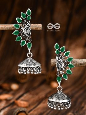 The Bohemian Elegance Floral Jhumkis (Emerald) - Oxidised Embellished Collection