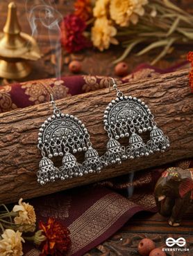 The Motif Moon Jhumkis - Oxidised Boho Earrings