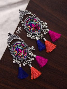 The Elegant Tasseled Statement Makers (Pink-blue Hues) - The Embroidered Oxidised Collection