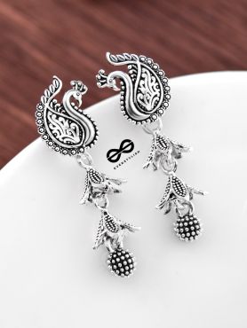 The Double Layered Peacock Jhumkis - Oxidised Boho Earrings