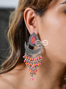 The Droplet Jhaalar Earrings (Orange-Pink) - The Embroidered Oxidised Collection