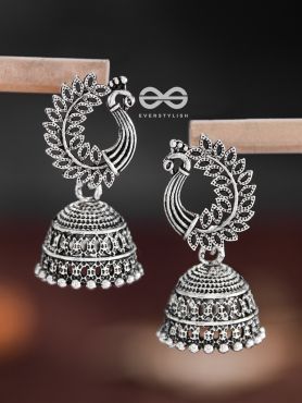 The Intricate Peacock Jhumkis - Oxidised Boho Earrings