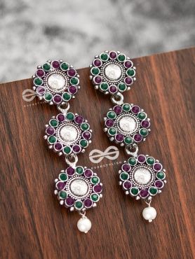 The Layered Boho Danglers (Ruby-Emerald) - Embellished Oxidised Earrings 