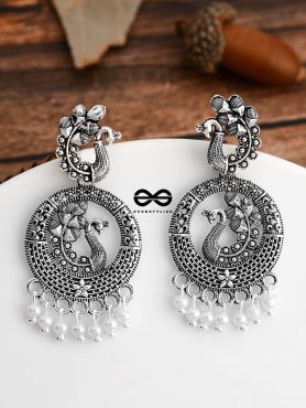 An Intricate Peacock Artwork - Oxidised Boho Earrings