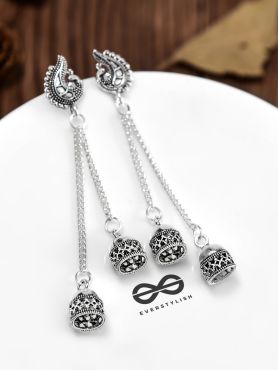 The Double Jhumki Curved Peacock Danglers - Oxidised Boho Earrings