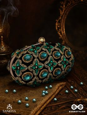 NEELZARA – OVAL DARK GREEN VELVET CLUTCH WITH INTRICATE STONE AND ZARDOZI WORK AND GOLDEN METAL FRAME