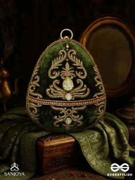 SABREEN - OVAL DEEP OLIVE GREEN VELVET HANDLE CLUTCH WITH RICH HAND DETAILING AND GOLDEN METAL FRAME
