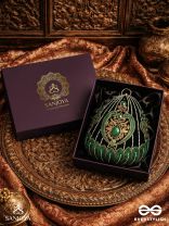 MEHREENA – OVAL DARK GREEN VELVET CLUTCH WITH INTRICATE HANDWORK AND GOLDEN METAL FRAME