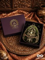 SABREEN - OVAL DEEP OLIVE GREEN VELVET HANDLE CLUTCH WITH RICH HAND DETAILING AND GOLDEN METAL FRAME