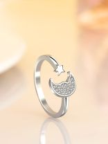 Stars and crescent moon adjustable ring in silver