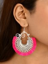 The Tasselled Motif Moons (fuchsia) - Oxidised Boho Earrings
