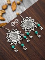 The Turquoise Meshed Sun - Oxidised Boho Earrings