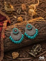 The Elegant Motifs (Teal-Blue) - Embroidered Oxidised Earrings 
