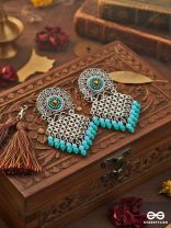 The Criss-Cross Embroidered Sun (Blue) - Embroidered Oxidised Earrings