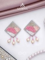 Chaturashra- The Charming Square- Beads and Pearls Embroidered Earrings (Blush & Fuchsia Pink)