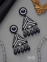 Shwetaka - The Gleaming Night - Stone, Beads And Glass Drops Hand Embroidered Earrings (Black & White)
