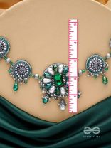 PRADHI - MOON LIKE ELEGANCE - GLASS DROPS, STONES AND PEARLS EMBROIDERED AND OXIDISED NECKPIECE