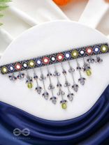 NEELHARINI - FOREST BLOOM - Mirror, Beads And Fish Charms Hand Embroidered Oxidised Neckpiece