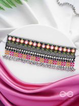 Prasidika - The Radiant Garden - Resham And Beads Hand Embroidered Oxidised Choker Neckpiece