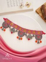 Prasvap - The Dusk Dream - Resham, Beads And Glass Drops Hand Embroidered Oxidised Choker Neckpiece