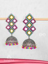 Vasantak - The Vibrant Kites- Mirrors, Resham And Beads Hand Embroidered Oxidised Jhumka Earrings
