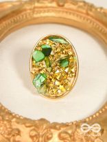 Sparkles & Stones  - Golden Embellished Ring (Green) (Adjustable)