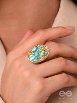 Sparkles & Stones  - Golden Embellished Ring (Blue) (Adjustable)