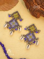 Dvikarani - The Sea Sky - Stone, Shells And Beads Enamelled Hand Embroidered Oxidised Earrings
