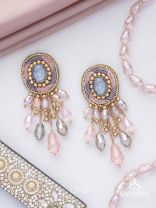 Ahraya - The Pink Fog - Stone, Beads And Glass Drop Hand Embroidered Earrings