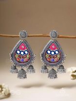 Kalatra- The Royal Citadel- Mirror, Resham And Beads Hand Embroidered Oxidised Earrings
