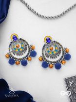 Manishyam - The Sapphire Radiance - Stone, Resham And Beads Hand Embroidered Enamelled Oxidised Earrings