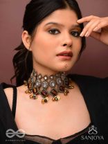 Haridhumra- The Amber Chestnut - Stones, Beads, Coins And Glass Drops Hand Embroidered Oxidised Neckpiece