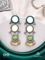 Abhatih - The Dancing Reflections - Mirrors, Resham And Beads Hand Embroidered Enamelled Oxidised Earrings 