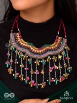 Vadya - The Umber Rhythm - Beads, Coins, Resham And Glass Drops Hand Embroidered Neckpiece