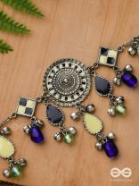 The Blue Stone - Embellished silver oxidized geometrical motif necklace