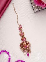 Rakta-Kumudini-Pink Lotus Blossom Hair accessory-Maangtika featuring elegant circular designs with Beads & Stones.