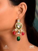 KIRANMALA – GARLAND OF RAYS- EXQUISITE ENAMELLED KUNDAN EARRINGS WITH MULTICOLORED DROPS AND PEARLS